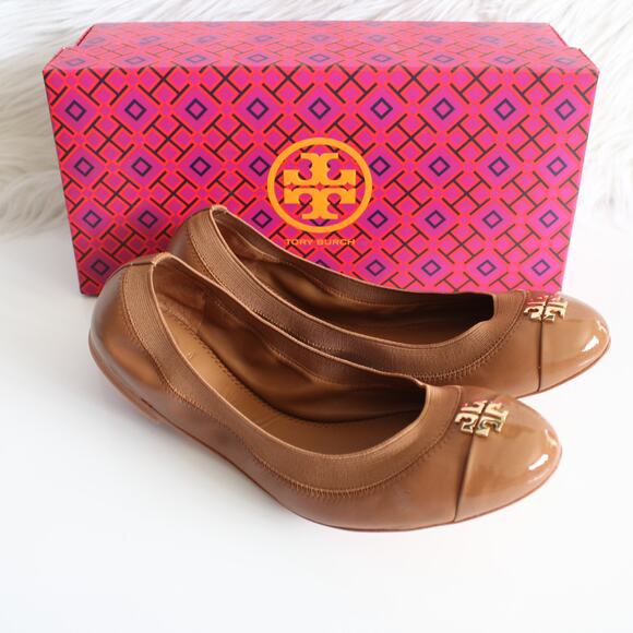 Tory Burch Jolie Tan Brown Nappa & Patent Leather Cap Toe Ballet Flat - Picture 1 of 12